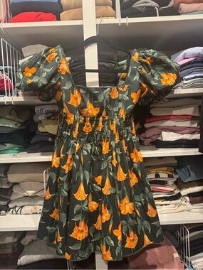Agua by Agua Bendita orange and green floral puff sleeve mini dress size XS